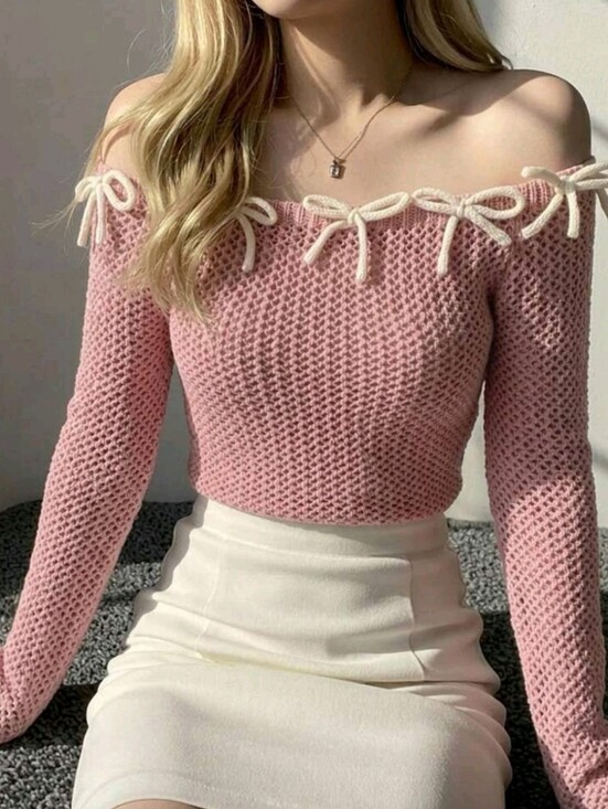 Tops - Women's Bow Contrast Color Fitted Square Neck Long Sleeve Hollow
